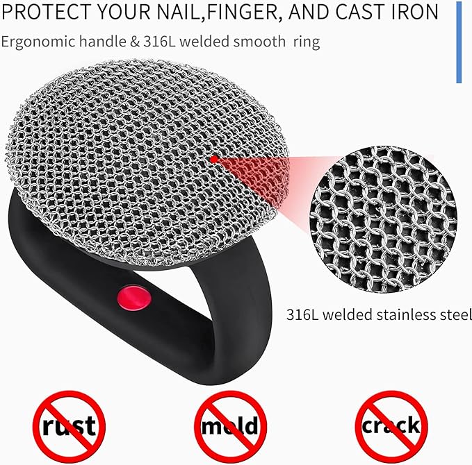 Cast Iron Cleaner Scrubber with Heavy Duty Handle, 3mm Welded Chain Mail Scrubber for Pan Pot Cleaning - Small Ring Chainmail Scrubber Metal Scrub Sponge Skillet, Oven, Griddle, Wok Brush