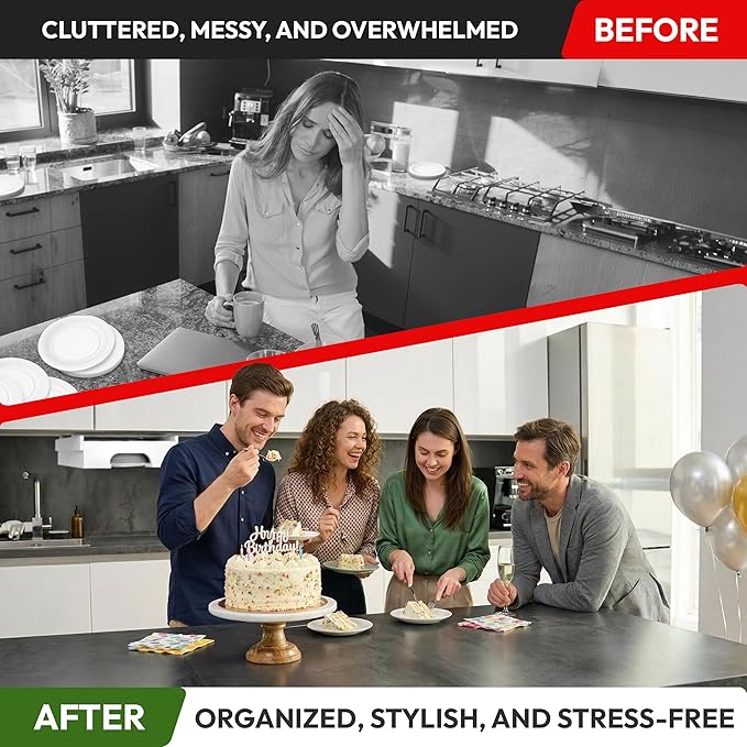 10 inch Paper Plate Dispenser Holder Bamboo Under Cabinet Vertical Rack for Kitchen Countertop Organizer Space Saver Shelf Lid Holder Counter Storage Can Dispenser Pantry Aid Caddy Estante (White)