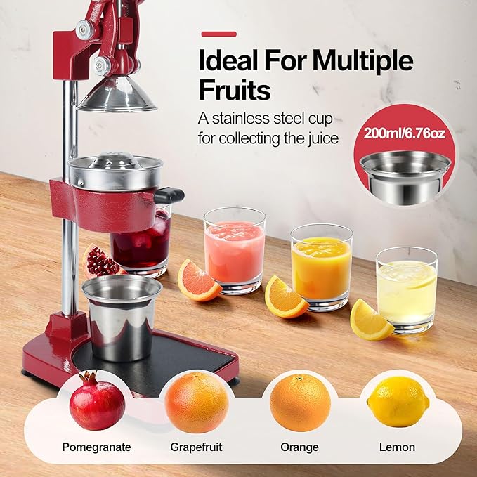 18 Inch Height Commercial Heavy Duty Cast Iron Hand Press Manual Orange Citrus Lemon Lime Grapefruit Pomegranate Fruit Juice Squeezer Machine with Stainless Steel Cup and Durable Base Red