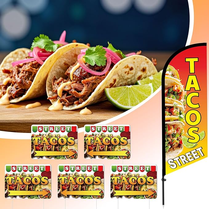 Tenceur 6 Pcs Tacos Burritos Feather Flag Kit, 1.8×5.4ft Tacos Windless Feather Banner Flag, 5 Yard Signs with Pole and Ground Stake for Restaurant Outside Store Business Markets