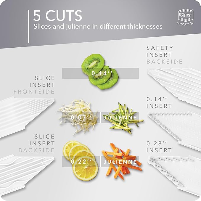 Börner by Reston Lloyd Mandoline Slicer V1 (Starter Set) • V-Slicer with 5 Thickness Settings & Food Holder • Adjustable Kitchen Slicer for Vegetables & Fruits • Color: White