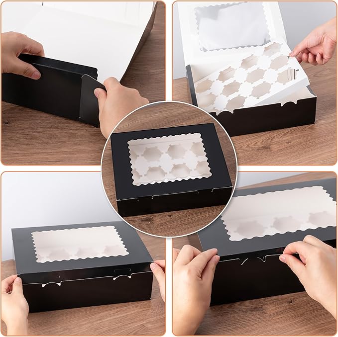 Hoewina 6PCS Cupcake Boxes - Hold 12 Count Cupcake Containers with Window, Food Grade Cupcake Holder Easy Transport and Presentation - Ideal for Cupcakes, Desserts, and More (Black)