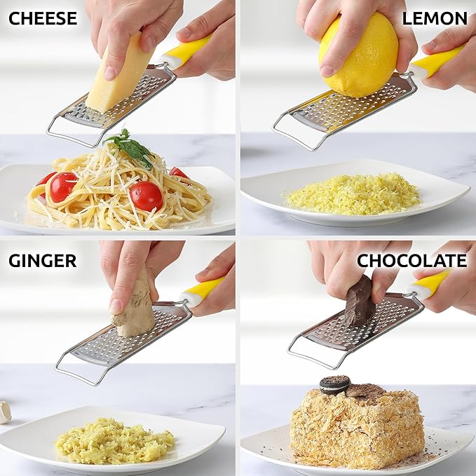Zulay Kitchen Professional Cheese Grater Stainless Steel - Durable Rust-Proof Metal Lemon Zester Grater With Handle - Flat Handheld Shredder for Parmesan, Chocolate, Spices, And More - Yellow