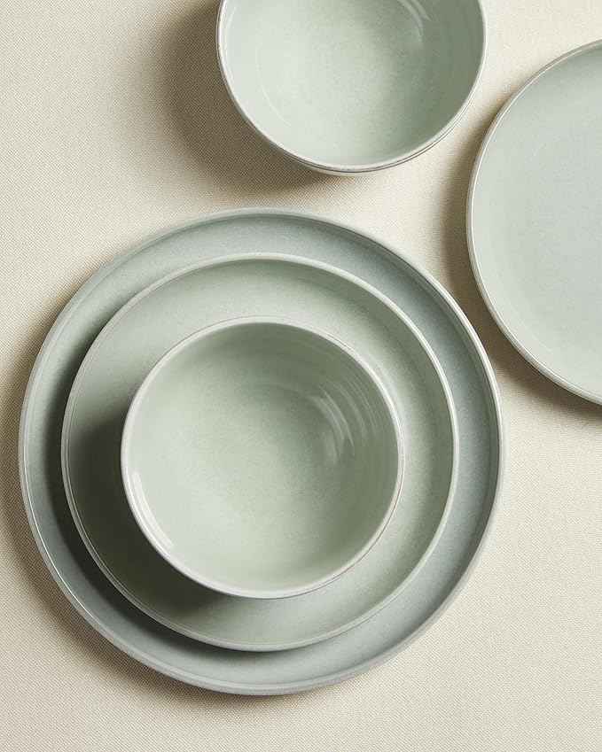 24 Piece Dinnerware Set for 8, Santorini Mist Terracotta Plates and Bowls Sets, Complete Stoneware Dish Set for Large Families and Entertaining, Microwave & Dishwasher Safe, Slate Green