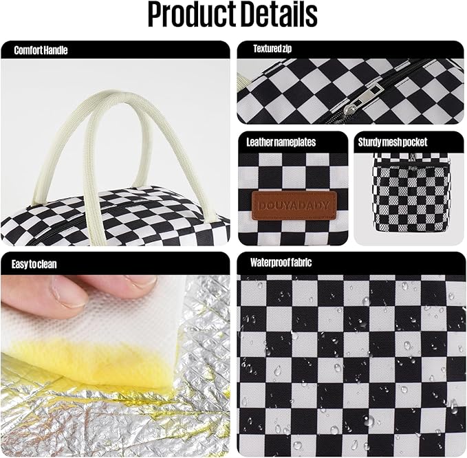 douyadady Lunch Bag Women/Men Lunch Box Women/Men (Black+White Checkerboard)