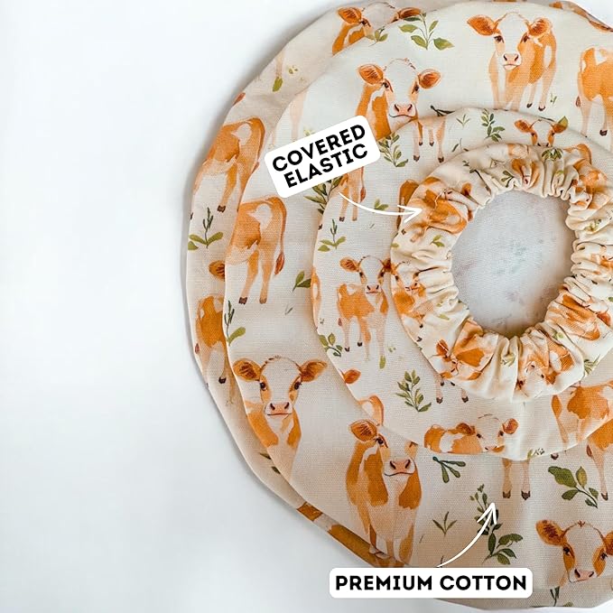 (4-Pack) Sourdough Reuseable Jar & Bowl Covers | Cute Baking Gift | 100% Cotton | Washable | Bread Proofing | Kitchen Food Storage Gifting | Starter Cover Lid Kit (Jersey Cow)