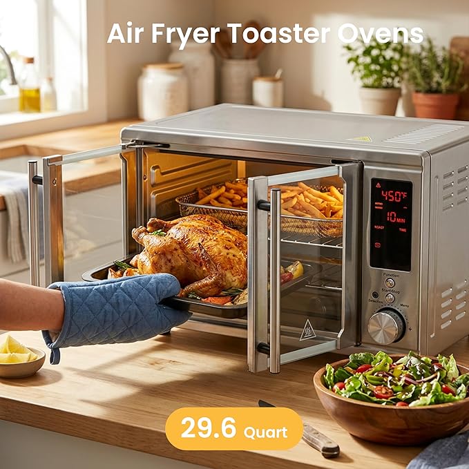 Simple Deluxe 29.6QT Dual Door Air Fryer Toaster Oven Combo with Smart Probe, 12-in-1 Smart Air Fryer Oven, 450°F, Stainless Steel