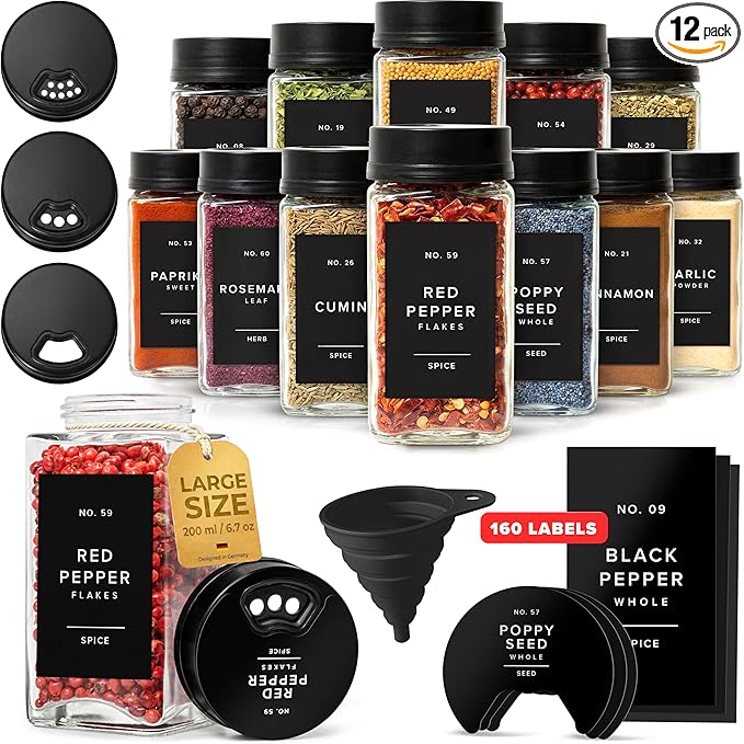 EDELHAUS Large Glass Spice Jars with Label and Black Rotating Lids (12 x 6.7 fl oz) Spice Containers with 160 Labels, Shaker Inserts, Funnel, Empty Square Containers [4.7 in × 2.2 in]