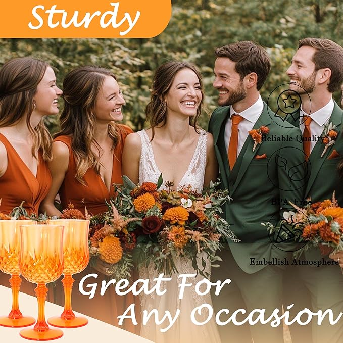 Plastic Wine Glasses, Plastic Goblets Vintage Style Cordial Unbreakable Drinking Glasses, Reusable Drinkware for Wedding Reception, Grand Event Party Supplies (24, Pumpkin orange)