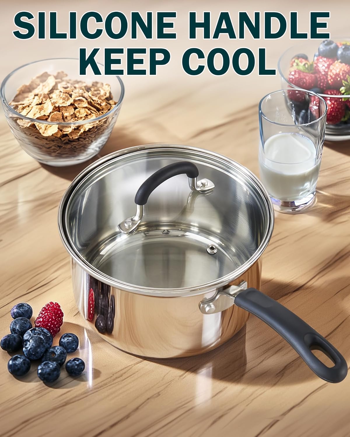 Cook N Home Saucepan Set Sauce Pot With Lid 1QT and 2QT Stainless Steel, Stay Cool Handle, silver