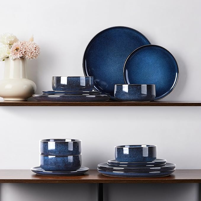 E-far Dinnerware Sets for 2, 6-Piece Stoneware Plates and Bowls Set, Ceramic Dishes Reactive Glaze Dinning Ware, Microwave & Dishwasher Safe - Deep Sea Blue