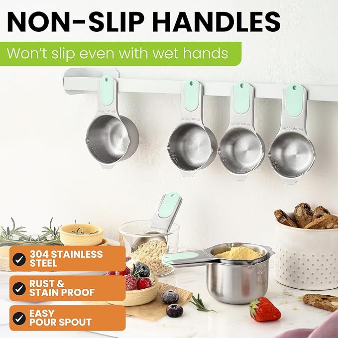Spring Chef Stainless Steel Magnetic Measuring Cups, Set of 7 & Magnetic Measuring Spoons, Set of 8 with Leveler - 2 Product Bundle - Mint