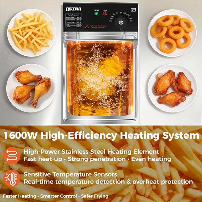 OSTBA Electric Deep Fryer with Basket, 10.36QT Countertop Fryer, 1600W Stainless Steel Commercial Deep Fryer with Adjustable Temperature 140–390℉, Removable Basket & Oil Tank