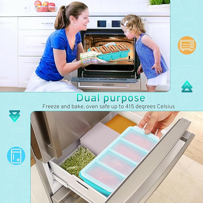 Silicone Freezer Tray with Lid - 1 Cup Silicone Food Freezers Tray - Large Ice Cube Freezer Molds - Soup, Sauce, leftovers, Homemade Meal Prep Freezing Kitchen Storage Containers - Aqua - 4-Pack