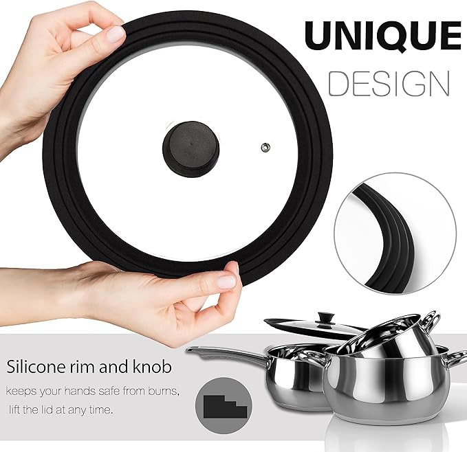 Lerykin Tempered Glass Lid - Universal Lid with Heat Resistant Silicone Rim for Pots, Pans and Skillets - Pan Cover Replacement Lid Fits 8", 8.5" and 9.5" Diameter Cookware