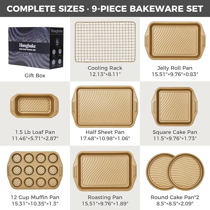 HONGBAKE 9-Piece Non Stick Baking Pans Set with Wave Texture for Reduced Oil, 0.8mm Thick Non Toxic Bakeware Sets, Includes Stackable Cookie Sheets for Oven Cooking, Cake Pan, Muffin Pan, Gold