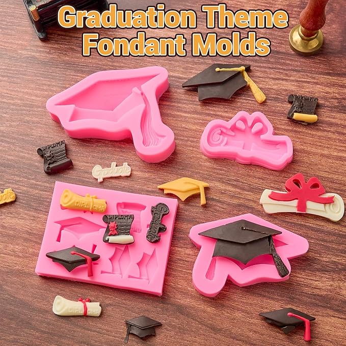 4 PCS Graduation Chocolate Fondant Molds, Silicone Graduation Cap Diploma Candy Molds for Cake, Cupcake Decorations, Graduation Party Supplies