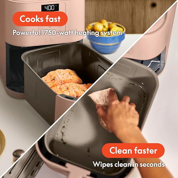 bella 6 Qt Slim Air Fryer, Fits-anywhere™ Kitchenware, EverGood™ Ceramic Nonstick Coating, Adjustable Temperature, 6 Preset Cooking Options, 60 Min Auto Shutoff w Audible Tone, 5lb Capacity, Blossom