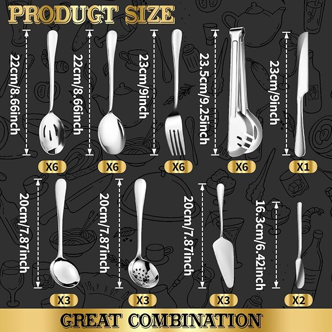 36-Piece Stainless Steel Serving Utensil Set – Complete Buffet Essentials with Spoons, Forks, Tongs, Ladle & More. Perfect for Wedding, Holiday, Catering, and Family Gatherings(Silver)