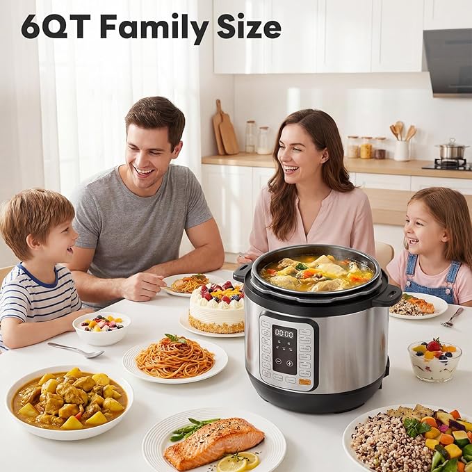 DUMOS 16-in-1 Electric Pressure Cooker, 6QT Programmable Multi Cooker with 12 One-Touch Presets, Soup Steam Yogurt and More, Ceramic Inner Pot Delay Start & Keep Warm, Includes Recipe Guide, Silver
