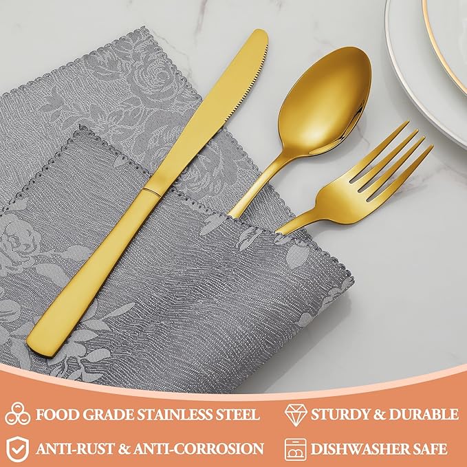 40 Pcs Gold Silverware Set, Stainless Steel Flatware Set for 8, Food-Grade Cutlery Set, Mirror Polished Tableware Eating Utensils Set for Home Kitchen, Include Knife Fork Spoon Set, Dishwasher Safe