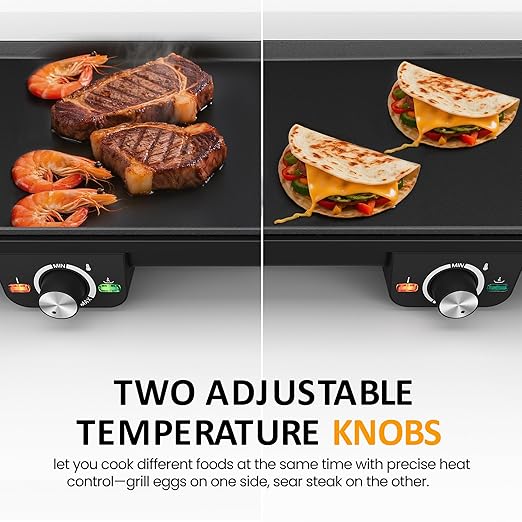 1600W Electric Griddle Indoor: Large Flat Top Grill with Nonstick Plates, 17.5" x 9", 2 Cooking Zone with Adjustable Temp, Pancake Egg Maker with Drip Tray, Indicator Light, Easy Cleanup