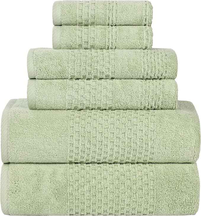 Superior Playa Zero Twist Cotton Medium Weight Towels, for Guest Bath, Bathroom, Shower, Spa, Plush, Quick Dry, Ultra-Soft Towels, Bath Essentials, Waffle Textured, 6 Piece Assorted Towel Set, Green