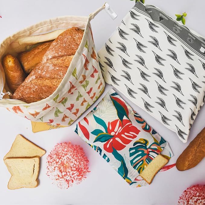 2 PCS Bread Bag - Reusable Beeswax Bread Bags,with Beeswax Lining,with Sealed Zipper Lining,Double Locking,Keep Food Fresh - Freezer Storage Bags for Baking enthusiasts Lovers