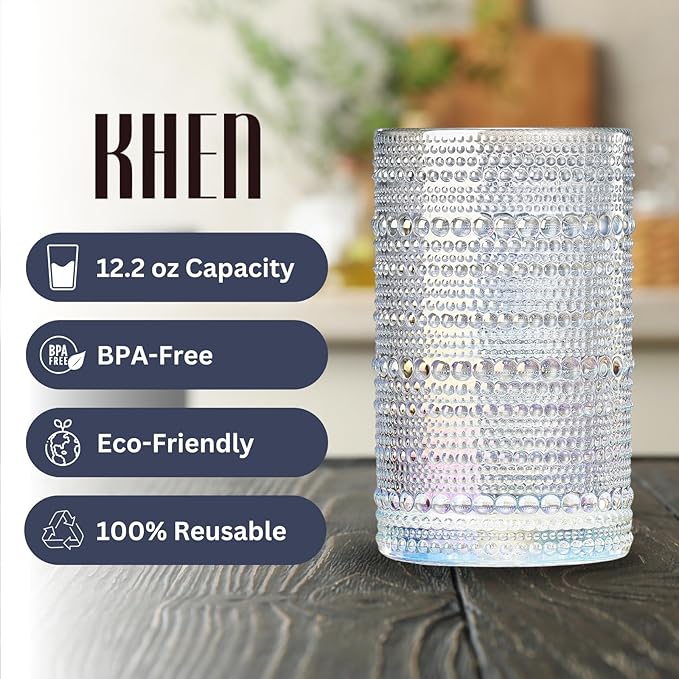 Hobnail Beaded Highball Drinking Tumbler Glasses | Set of 6 | Iridescent Pearl Vintage Bubble Design Glassware, Old-Fashioned, Embossed Design, Water, Wine, Cocktail Embossed Heavy Glass, Rocks Glass