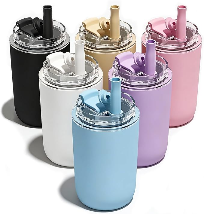6 Pack 10 oz Insulated Coffee Tumblers, Travel Coffee Tumblers with Straw, Double-Wall Stainless Steel Tumbler, Leak Proof Tumbler, Reusable Cups with Lids for lced and Hot Drinks