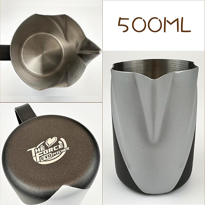Barista Swag Curved Body Coffee Milk Frothing Cup for Espresso Machines Latte Art 500ml Steaming Pitchers (Matte Gray-Black)