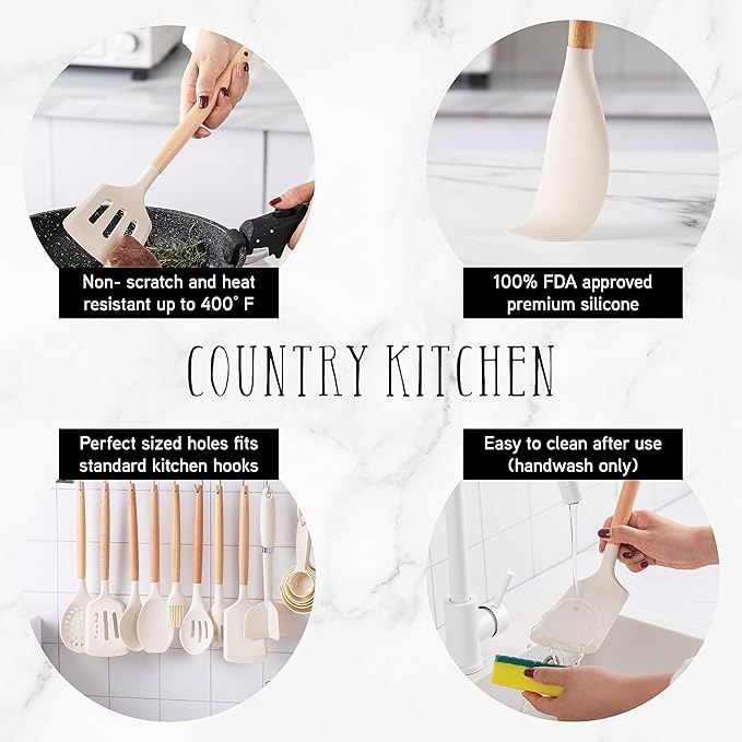 Country Kitchen Non Stick Silicone Utensil Set with Rounded Wood Handles for Cooking and Baking, 38 Piece Set, Khaki