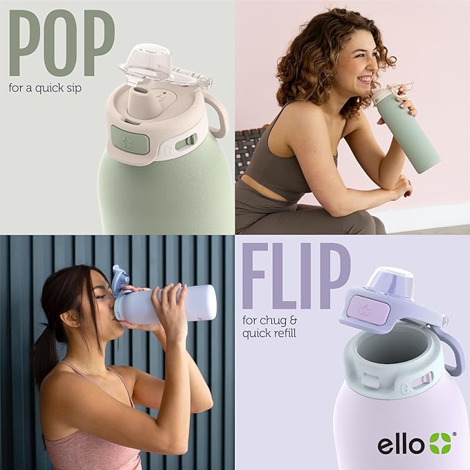 Ello Pop & Fill 22oz Stainless Steel Water Bottle with Quick Fill Technology, Double Walled and Vacuum Insulated Metal, Leak Proof Locking Lid, Sip and Chug, Reusable, BPA Free, Cherry Breeze