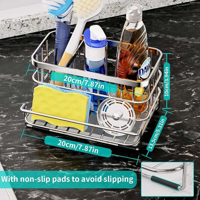 HapiRm 4 Tier Over the Door Shower Caddy + Multifunctional Kitchen Sink Caddy with Drain Tray - Black, Silver