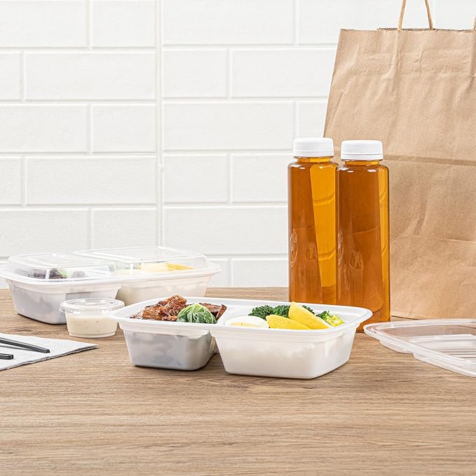 Restaurantware Asporto 32 Ounce Compartment Take Out Boxes 100 Microwavable Meal Prep Containers - 2 Compartments With Clear Plastic Lids White Plastic Food Containers Do Not Contain BPA