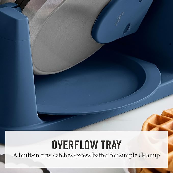 Martha Stewart Rotating Waffle Maker, 180° Flip Iron with PFAS-Free Nonstick Plates, Adjustable Timer, Ready Light, Drip Tray, Space Saving, Classic Round 7”, Easy to Clean, Stainless Steel, Indigo