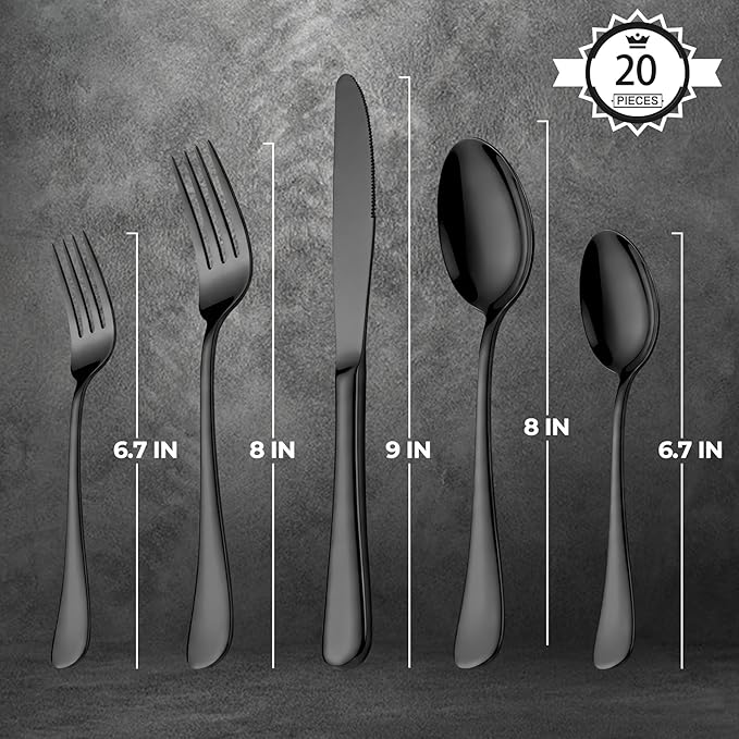 Black Silverware Set, LIANYU 20 Piece Stainless Steel Flatware Cutlery Set for 4, Mirror Finish, Dishwasher Safe