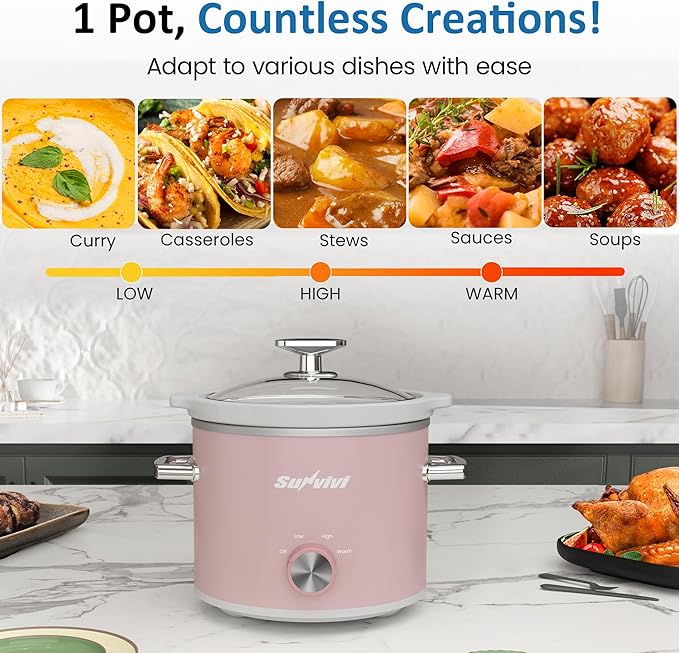 SUNVIVIPRO Small Slow Cooker with Removable Ceramic Pot, Food Warmer with 3 Heating Settings & Dishwasher Safe Glass Lid, Pink
