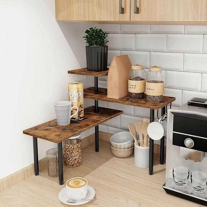 Homode Kitchen Countertop Organizer - 3 Tier Corner Shelf, Bathroom Counter Organizer, Spice Rack, Coffee Bar, Over Sink, Rustic Brown