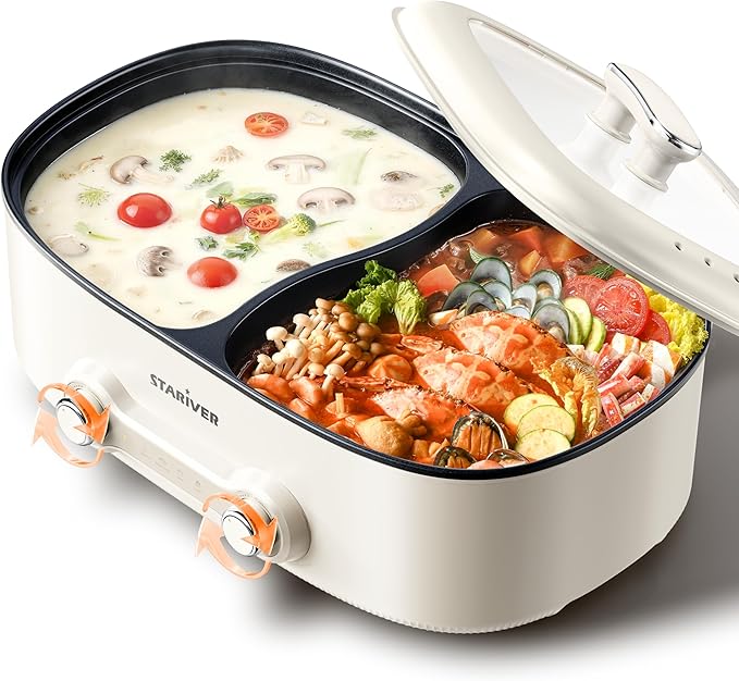 Stariver 7L Electric Hot Pot with Divider, 2-Temp Control (Separate Settings per Side) Shabu Shabu Pot, Non-Stick Hotpot Pot Electric, Perfect for Family Dinners & Parties