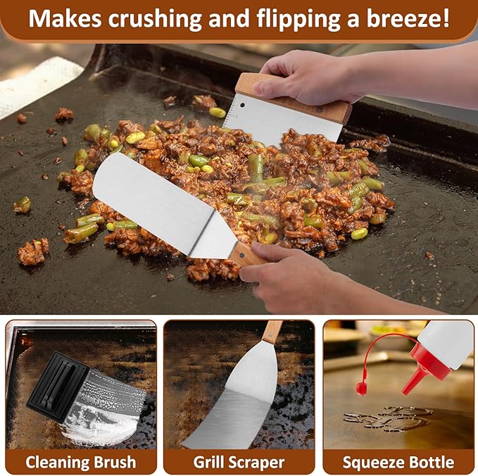 Griddle Accessories Set of 25, Leonyo Flat Top Grill Accessories, Professional BBQ Tool with Enlarged Spatulas Scraper, Basting Cover, Smash Burger Press, Carry Bag for Outdoor Barbecue, Wood Handle