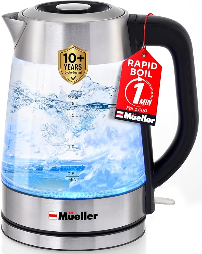 Mueller Rapid Boil Electric Tea Kettle 1.8L – Borosilicate Glass & Stainless Steel – BPA-Free Hot Water Boiler, LED Light, Auto Shut-Off, Boil Dry Protection Fast Water Heater – Kitchen Appliances