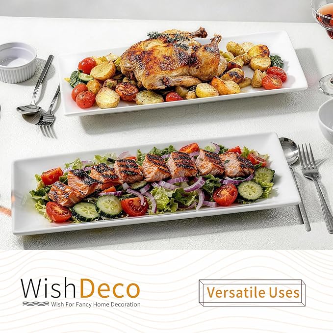 WishDeco Large Serving Platter Set of 2, Long Ceramic Serving Tray 16 inch, Rectangular Serving Dishes, White Plates for Entertaining, Fruit, Appetizer, Charcuterie, Oven & Dishwasher Safe