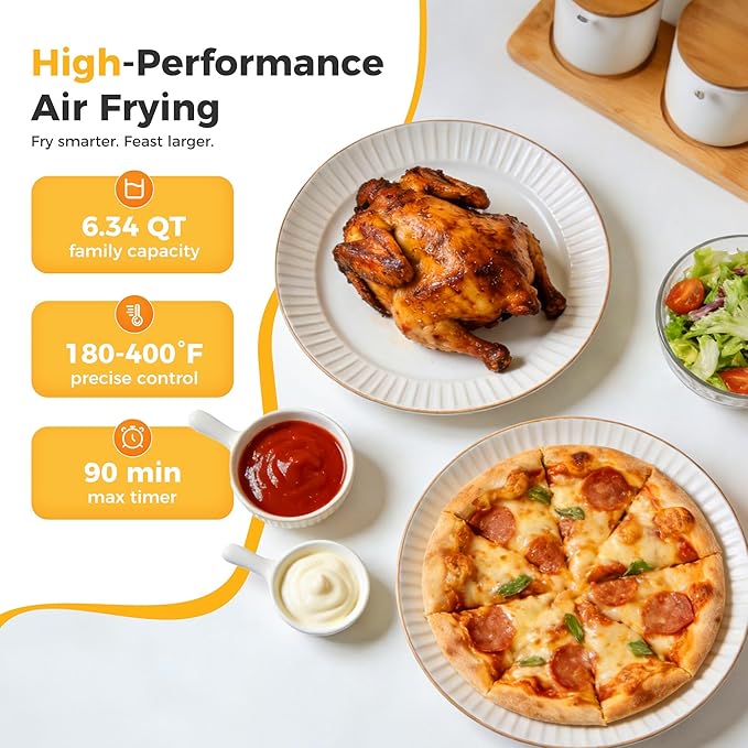 NEWBULIG Air Fryer 6.34QT, Airfryer with Visible Window, 400℉ Fast Heating Air Fryers Oven with Nonstick and Dishwasher-Safe Basket, 8-in-1 Cooking Preset, Timer，Auto-Off, Stainless Steel, White