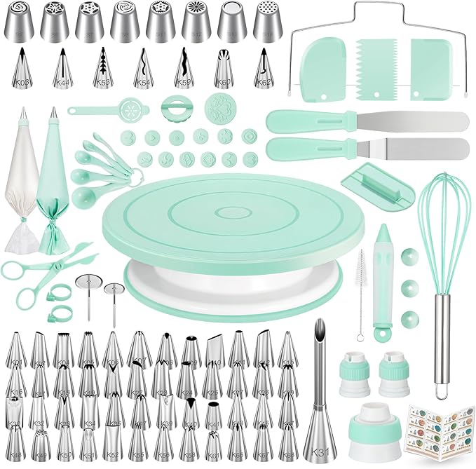 Kootek 158PCs Cake Decorating Kit, Baking Supplies Tools - Includes Cake Stand Turntable, 64 Icing Piping Tips Set, 2 Frosting Spatulas, 3 Scrapers, 50+2 Pastry Bags, Coupler, Video Tutorial, Booklet