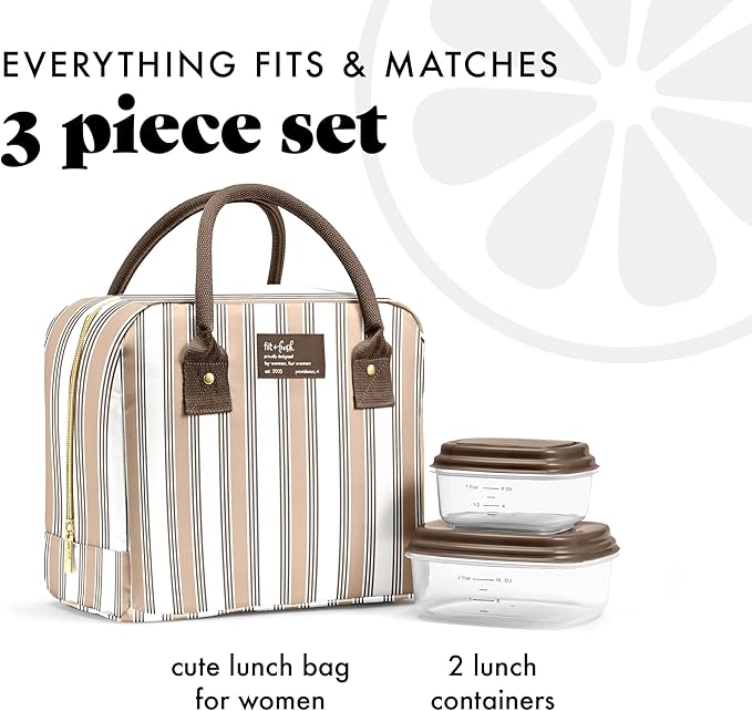 Fit & Fresh Bloomington Lunch Bag for Women - Insulated Large Lunch Box for Work with Containers, Leak-Resistant, Stain-Resistant, Zipper Closure, Ticking Stripe Taupe