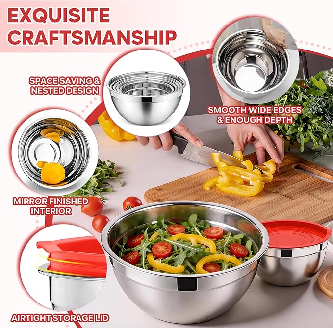 E-far Mixing Bowls With Lids Sets of 5, 10-Piece Stainless Steel Salad Metal Nesting Bowl for Baking Cooking and Prepping, Airtight Lid & Stackable Design, Size 4.6, 3, 2.1, 1.5, 0.7 QT, Red
