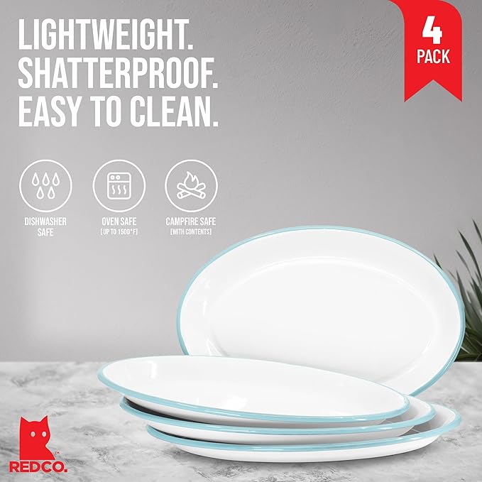 Red Co. Set of 4 Enamelware Metal Classic 13" Serving Oval Tray Platter, Solid White/Teal Rim