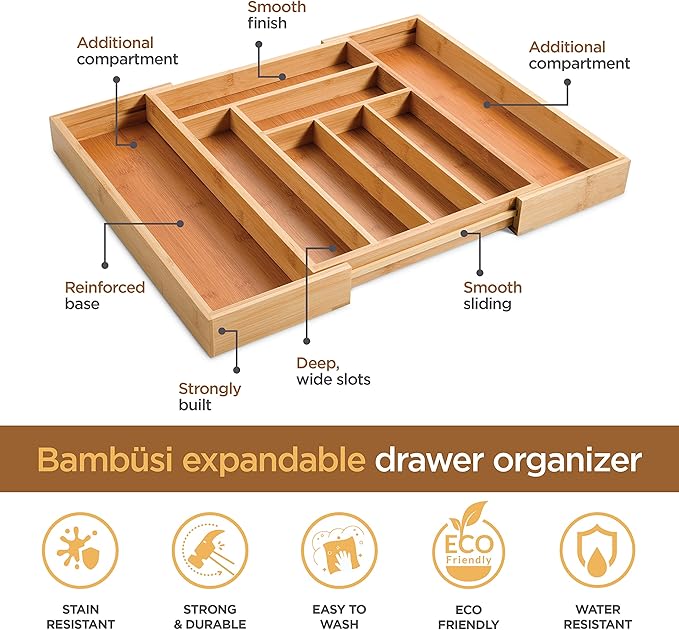 Bamboo Dish Rack and Expandable Drawer Organizer Set Bundle