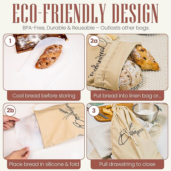 Bread Bags for Homemade Bread, Sourdough & Gluten Free Bread with Multifunctional Reusable Silicone Inserts. Silicone Kneading Dough Bag, Pizza Dough, Tortilla & Pasta Storage Bags - (16x11inch)